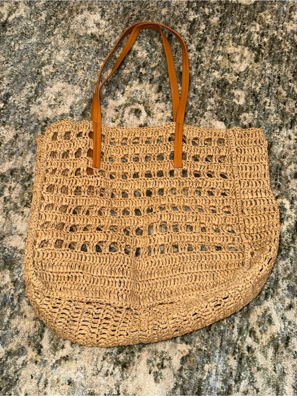 Woven Straw Tote Bag with Tan Handles